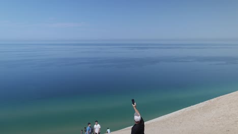 Sleeping-Bear-Sand-Dunes-National-Lakeshore-overlook-of-Lake-Michigan-in-Michigan-with-video-panning-left-to-right