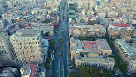 Aerial-Flyover-Santiago-City,-National-Archive-Of-Chile-Building,-4K-Drone