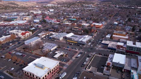 Downtown-Prescott,-Arizona-USA,-Aerial-View-of-Central-Buildings-and-Streets