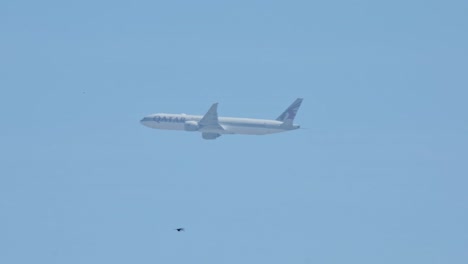 Flying-towards-to-left-ready-to-land-at-Suvarnabhumi-Airport-while-birds-are-flying-and-tips-of-branches,-great-blue-sky,-Qatar-Airways,-Thailand