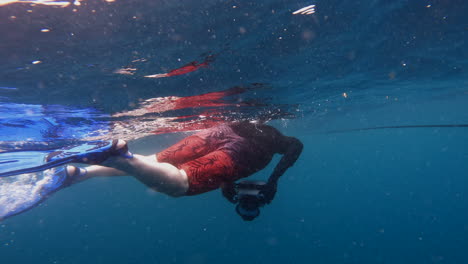 Nature-photographer-snorkeling-in-open-ocean-with-camera-waiting-for-wildlife