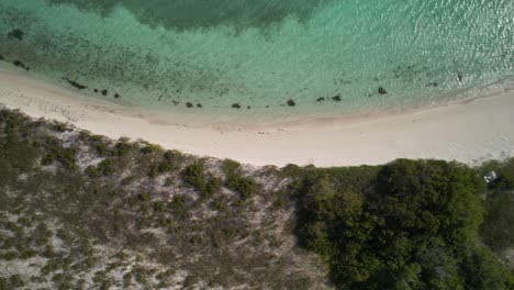 Luftaufnahme-Des-Kristallklaren-Wassers,-Das-Mittags-Auf-Den-Weißen-Sand-Des-Espenky-Beach,-Los-Roques,-Trifft