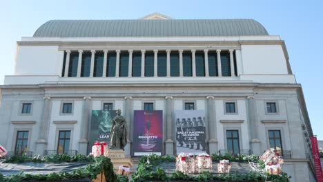 View-of-the-Isabel-II-statue-and-the-Teatro-Real-building-behind-it,-Spain's-foremost-institution-for-the-performing-and-musical-arts,-at-Isabel-II-plaza-in-Spain