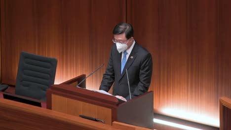 Hong-Kong's-chief-executive,-John-Lee-Ka-chiu,-delivers-the-annual-policy-address-at-the-Legislative-Council-building-in-Hong-Kong