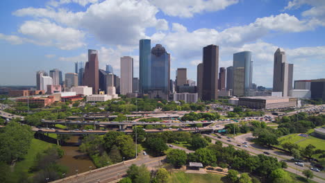 High-angle-establishing-shot-of-downtown-Houston,-Texas