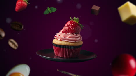 Erdbeer-Cupcake-Animations-Intro-Für-Werbung-Oder-Marketing-Auf-Dunkelviolettem-Hintergrund-Für-Restaurants-Mit-Den-Zutaten-Des-Desserts,-Die-Durch-Die-Luft-Fliegen---Preis-Oder-Verkauf-Hinzufügen