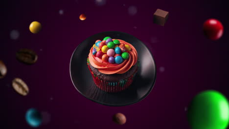 Mit-Rotem-Zuckerguss-Und-Süßigkeiten-Dekoriertes-Cupcake-Animations-Intro-Für-Werbung-Oder-Marketing-Auf-Dunkelviolettem-Hintergrund-Für-Restaurants,-Wobei-Die-Zutaten-Des-Desserts-Durch-Die-Luft-Fliegen---Preis-Oder-Verkauf-Hinzufügen
