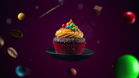 Candy-Cupcake-Animation-Intro-Für-Werbung-Oder-Marketing-Auf-Dunkelviolettem-Hintergrund-Für-Restaurants-Mit-Den-Zutaten-Des-Desserts,-Die-Durch-Die-Luft-Fliegen---Preis-Oder-Verkauf-Hinzufügen