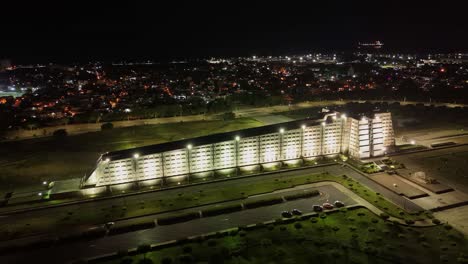 Historic-landmark-Columbus-Lighthouse-lit-up-at-night-in-Santo-Domingo