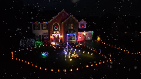 Snow-flurries-on-festive-American-home-with-Christmas-lights-and-decor-on-winter-night