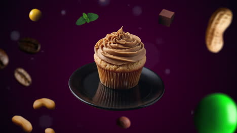 Introducción-A-La-Animación-De-Cupcakes-De-Mantequilla-De-Maní-Para-Publicidad-O-Marketing-Sobre-Fondo-Morado-Oscuro-Para-Restaurantes-Con-Los-Ingredientes-Del-Postre-Volando-En-El-Aire---Agregue-Precio-O-Venta