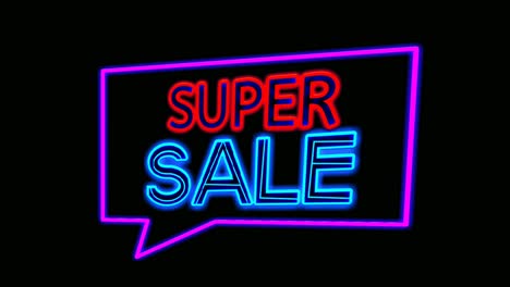 Super-Sale-Neonlicht-Flackert-In-Sprechblasen,-Moderne-Rahmenanimations-Bewegungsgrafiken-Auf-Schwarzem-Hintergrund