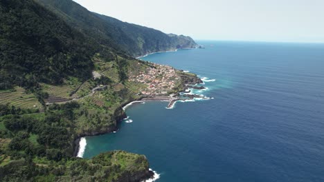 Madeira-Véu-da-Noiva-aerial-view-establishing-north-coast-of-Madeira-island-mountain-landscape