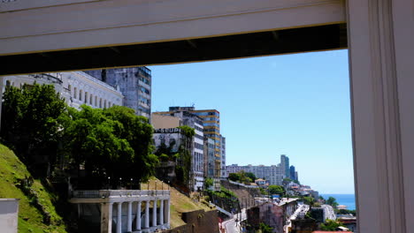 Aerial-view-of-Elevador-Lacerda-and-the-neighborhood-around,-Salvador,-Bahia,-Brazil