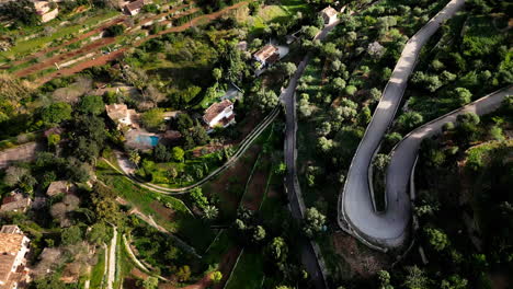 Aerial-view-of-a-winding-road-through-lush-Mallorcan-landscape