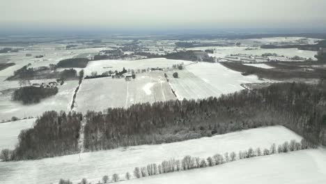 Fields-and-forests-in-a-winter-climate,-drone-view