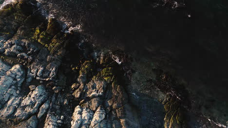 Drone-top-down-ascend-above-rocky-shoreline-in-Newport-Rhode-Island