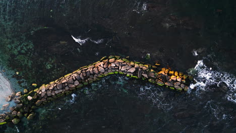 Seagulls-soar-above-dark-blue-ocean-water-crashing-around-algae-covered-breakwater