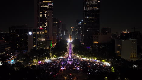 New-Years-celebration-on-Reforma-Avenue,-nighttime-in-Mexico-city---Aerial-view
