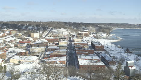 Winter-Aerial-View-of-Downtown-Stillwater,-Minnesota