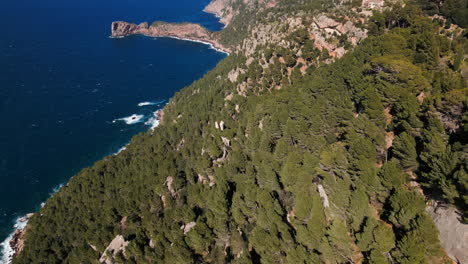 Aerial-view-of-lush-cliff-side-and-sea-at-Mallorca