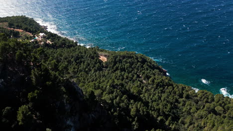 Aerial-view-of-rugged-Mallorca-coastline-with-lush-forest