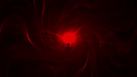 Spiritual-journey-of-meditating-man-in-lotus-yoga-position-traveling-seated-in-a-crimson-red-tunnel-with-glowing-light-in-background