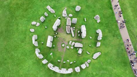 Bird-Eye-Aerial-View-of-Stonehenge,-Stone-Sculptures-in-Green-Fields-of-England-UK