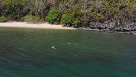 Aerial-Panorama-View-Of-Two-Adults-Swimming-Off-Beach-In-Langkawi,-Malaysia