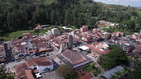 Aerial-View-of-Nuestra-Senora-de-Chiquinquira-Church-in-El-Penol-Town,-Colombia