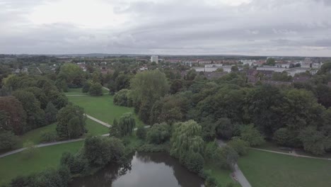 Flight-over-Schwanenteichparkin-in-Rostock---Birds-Eye-View-over-park-in-Rostock