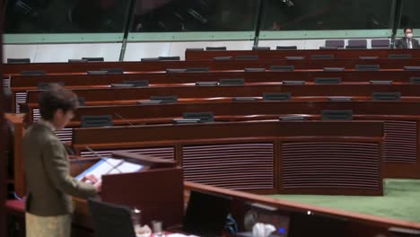 Carrie-Lam,-former-Hong-Kong-chief-executive,-delivers-annual-policy-address-amidst-vacated-seats-where-democrats-once-sat,-post-resignation-at-Legislative-Council-Chamber-in-Hong-Kong