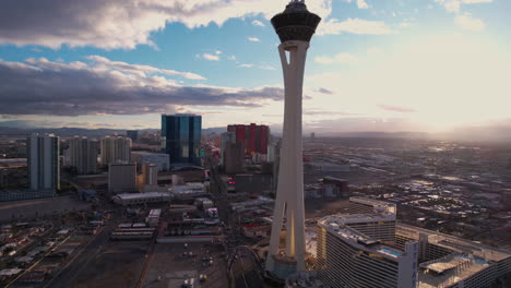 Las-Vegas-USA-on-Golden-Hour,-Aerial-View-of-The-Strat-and-North-Strip-Buildings,-Hotels-and-Casinos