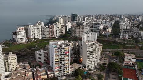 Aerial-drone-morning-footage-of-Lima-skyline,-the-capital-city-of-Peru-in-South-America-Miraflores-Chorrillos-Barranco-Malecón-de-Miraflores-cliffs