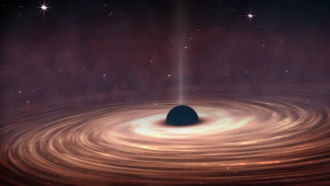 Dramatic-high-quality-CGI-simulation-pullin-back-from-a-vast-spinning-supermassive-black-hole-through-clouds-of-space-gas-and-dramatic-nebulae,-in-deep-space