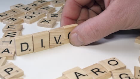 Closeup-of-Scrabble-game-tile-letters-forms-the-word-DIVORCE-on-table