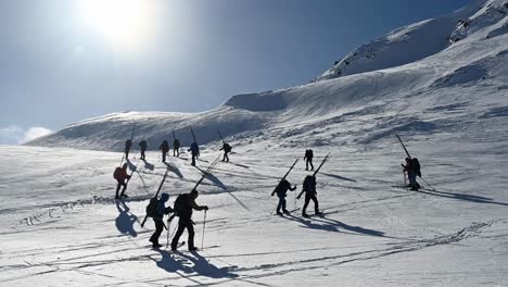 Group-of-people-carrying-wooden-sticks-to-easter-mountain-for-secure-trail-marking