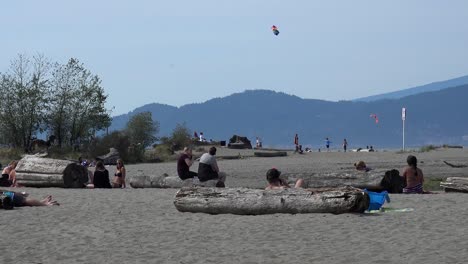 A-group-of-people-watch-a-large-kite-flying-at-a-beach