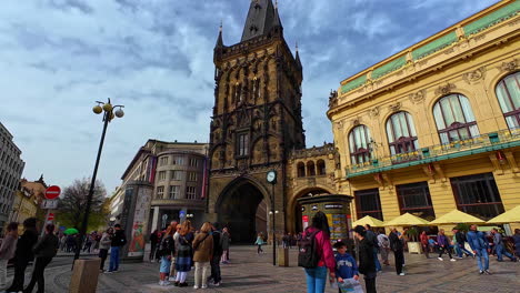 Panoramic-Czech-republic-prague-old-historic-city-cathedral-people-sightseeing-architecture-in-european-capital-skyline-in-urban-square-landmark