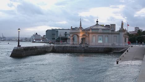 Palacete-del-Embarcadero-Art-Museum-Building-on-Promenade-of-Santander,-Spain-in-Twilight