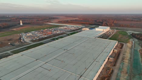 Aerial-flyover-of-Ford's-Megacampus,-BlueOval-City-at-Sunset-in-Stanton,-TN