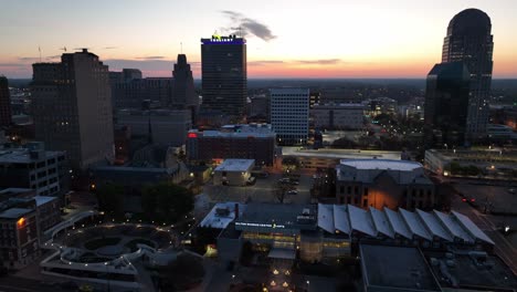 aerial-pullout-winston-salem-nc-skyline-at-sunrise