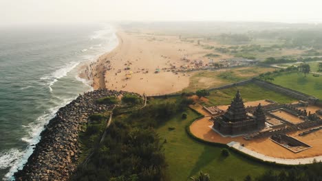 Aerial-Over-Shore-Temple-With-Beach-Coastline-Background