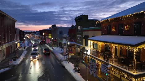 Winter-Christmas-Scene-in-Historic-Town-of-USA-at-golden-sunset