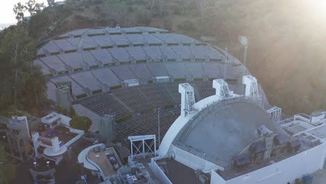 Close-up-panning-aerial-shot-of-the-Hollywood-Bowl-at-sunset-in-Los-Angeles,-California