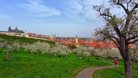 Paisaje-Panorámico,-Parque-Verde-Urbano-De-Praga-República-Checa-Casas-De-Barrio-La-Gente-Camina-En-La-Ciudad-Tradicional-Europea-Con-Techos-Rojos-Iglesia-Y-Fondo-Del-Horizonte