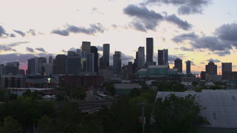 Ascending-drone-shot-of-downtown-Houston,-Texas