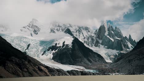 Cerro-Torre-Mountain-And-Laguna-Torre,-Patagonia,-Argentina---Wide-Shot