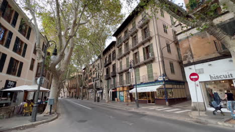 Marco-En-Movimiento-A-Lo-Largo-De-Una-Calle-De-Mallorca-Con-Edificios-Con-Balcones-Durante-El-Día.