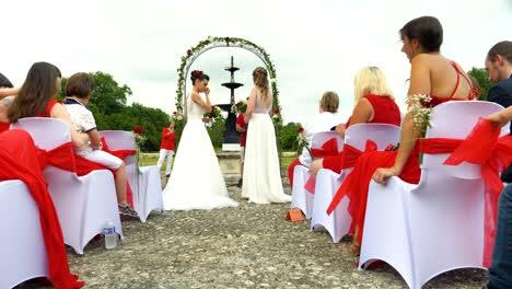 Two-brides-stand-ready-for-their-wedding-moment-in-a-same-sex-marriage-venue